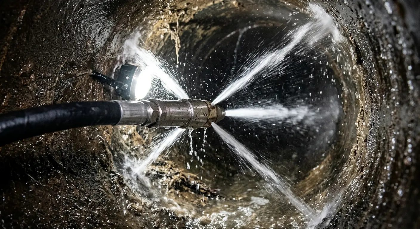 High-pressure hydro jetting nozzle cleaning sewer pipe for Trenchless Sewer Repair in Twin Lakes