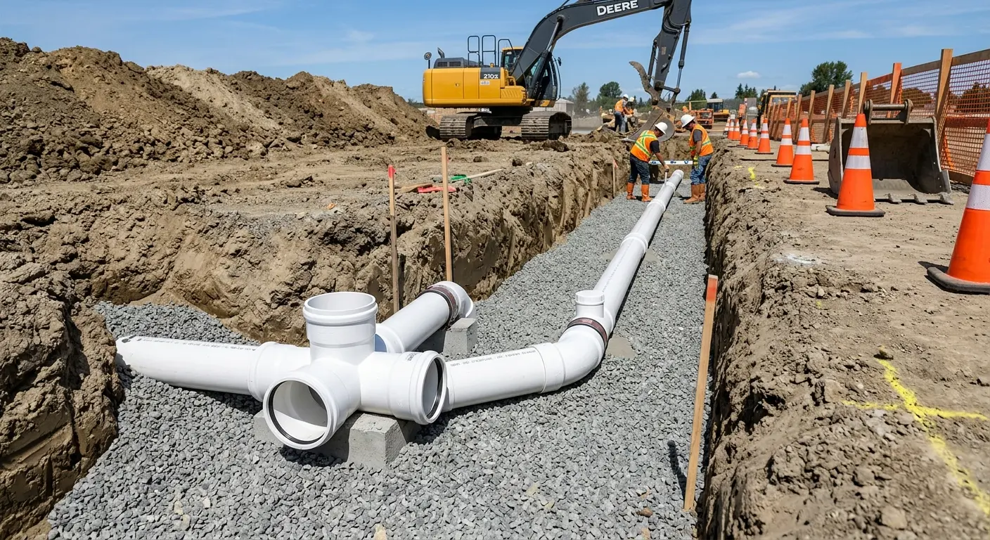 New PVC sewer pipe installation in open trench for Sewer Backup in Twin Lakes