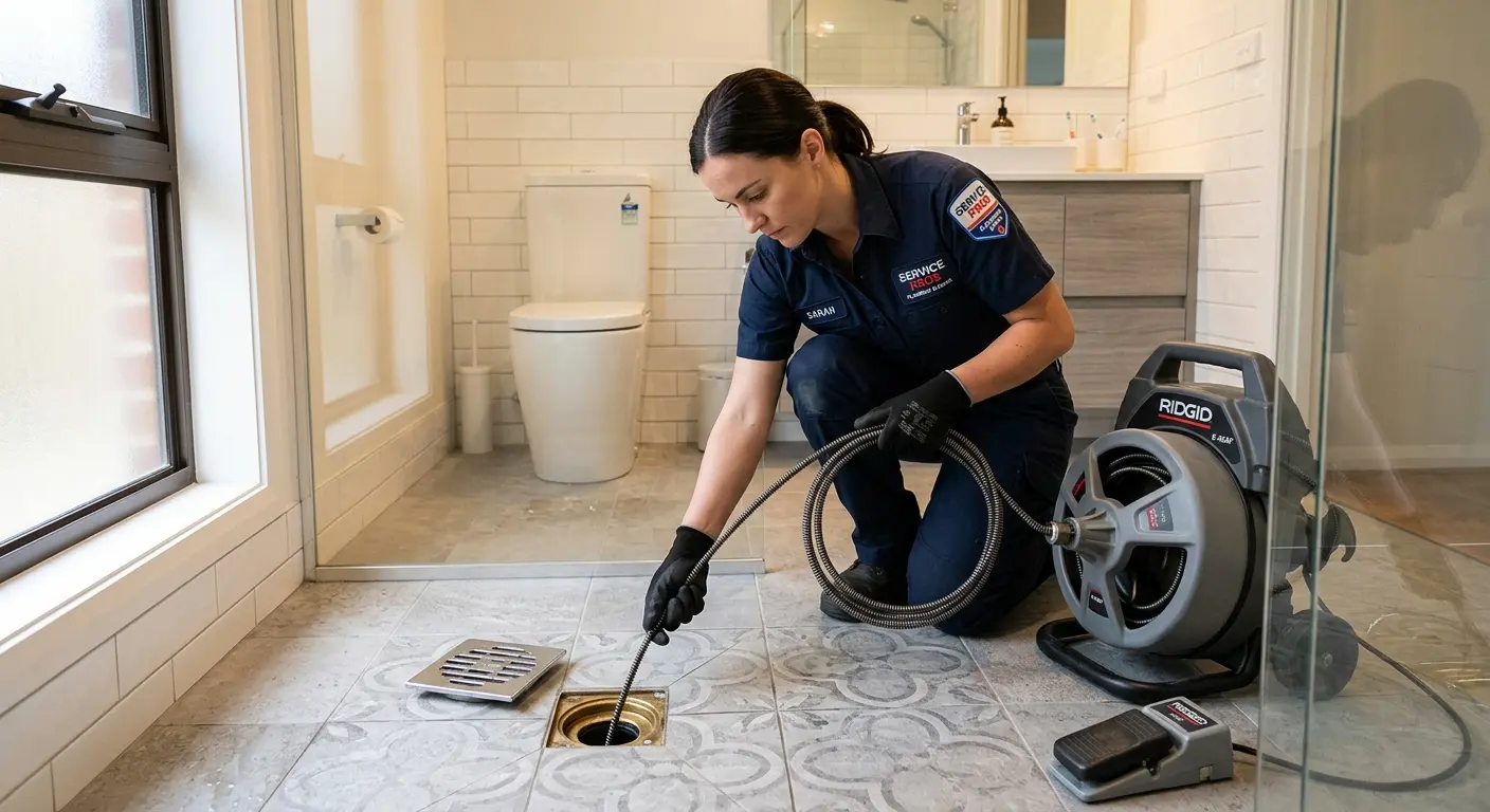 Technician clearing a bathroom floor drain for Drain Cleaning in Twin Lakes